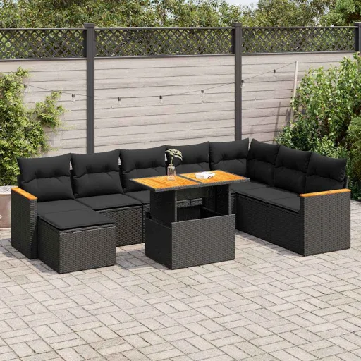 Conjunto Sofás p/ Jardim Almofadões Vime PE/Acácia Preto (9 pcs)