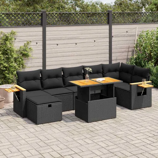 Conjunto Sofás de Jardim com Almofadões Vime PE Preto (5 pcs)