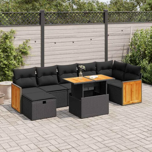Conjunto Sofás de Jardim com Almofadões Vime PE Preto (5 pcs)