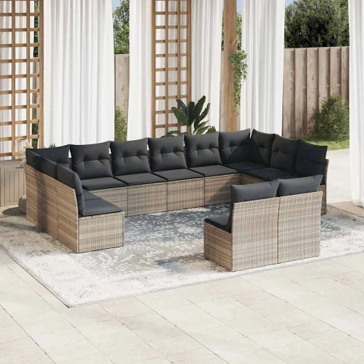 Conj. Sofás Jardim com Almofadões Vime PE Cinzento-Claro (12 pcs)