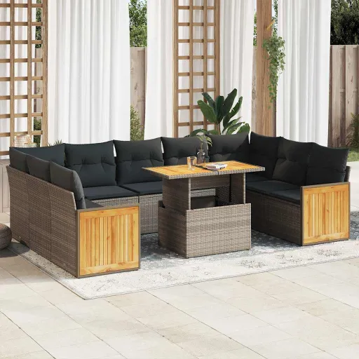 Conjunto Sofás Jardim Almofadões Vime PE/Acácia Cinzento (10 pcs)