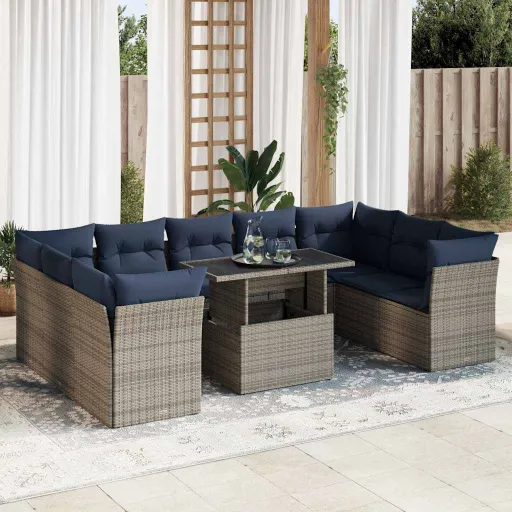 Conjunto Sofás Jardim Almofadões Vime PE/Acácia Cinzento (10 pcs)