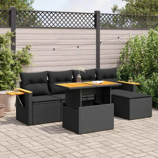 Conjunto Sofás Jardim c/ Almofadões Vime PE/Acácia Preto (6 pcs)