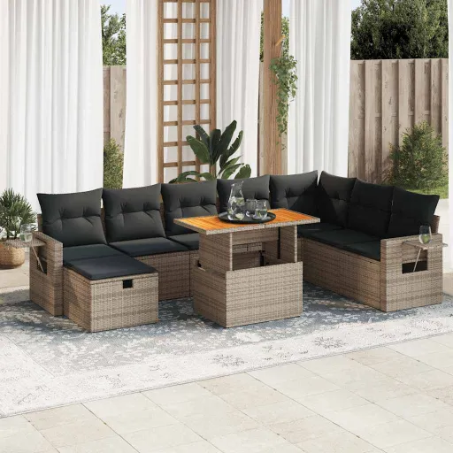 Conjunto Sofás Jardim Almofadões Vime PE/Acácia Cinzento (9 pcs)