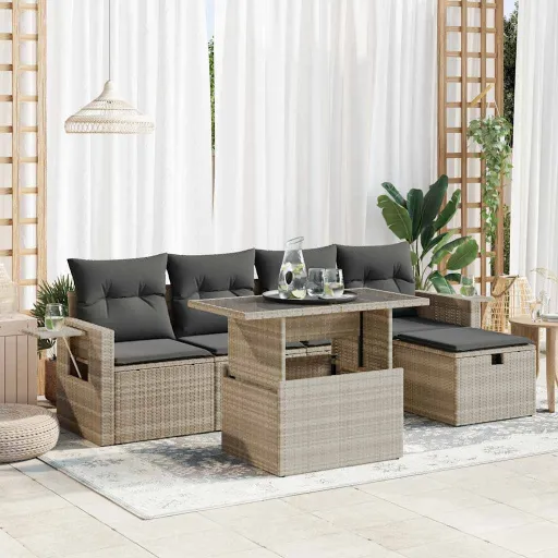Conj. Sofás Jardim com Almofadões Vime PE Cinzento-Claro (6 pcs)