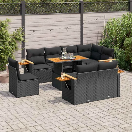 Conjunto Sofás p/ Jardim Almofadões Vime PE/Acácia Preto (9 pcs)