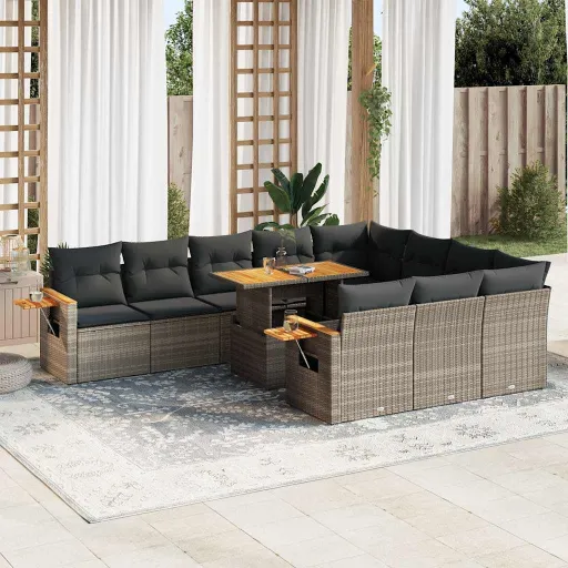 Conjunto Sofás de Jardim c/ Almofadões Vime PE/Acácia (11 pcs)