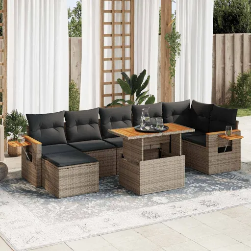 Conjunto Sofás Jardim Almofadões Vime PE/Acácia Cinzento (8 pcs)