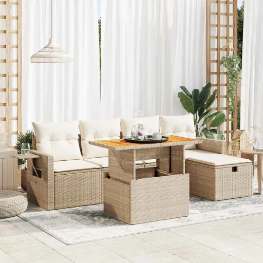 Conjunto Sofás Jardim com Almofadões Vime PE/Acácia Bege (6 pcs)