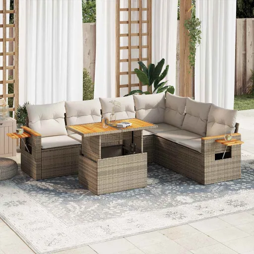 Conjunto Sofás Jardim com Almofadões Vime PE/Acácia Bege (7 pcs)