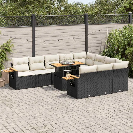 Conjunto Sofás Jardim c/ Almofadões Vime PE/Acácia Preto (11 pcs)