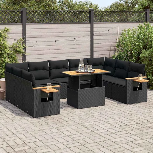 Conjunto Sofás Jardim c/ Almofadões Vime PE/Acácia Preto (10 pcs)