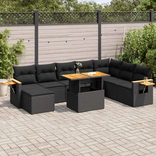 Conjunto Sofás p/ Jardim Almofadões Vime PE/Acácia Preto (9 pcs)