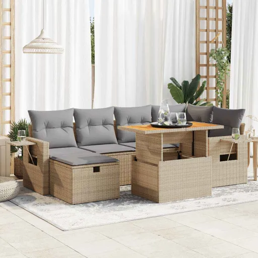 Conjunto Sofás Jardim com Almofadões Vime PE/Acácia Bege (8 pcs)