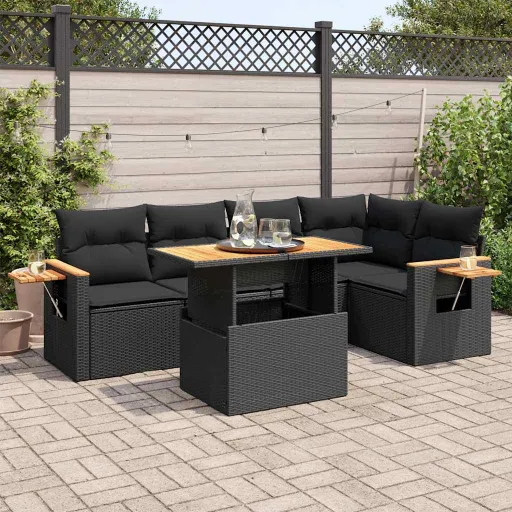 Conjunto Sofás Jardim c/ Almofadões Vime PE/Acácia Preto (6 pcs)
