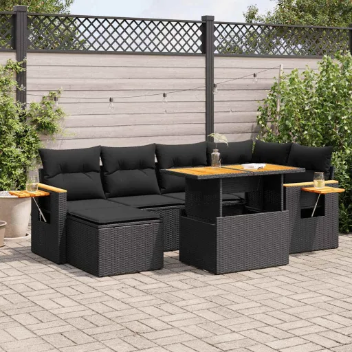Conjunto Sofás Jardim c/ Almofadões Vime PE/Acácia Preto (7 pcs)