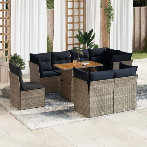 Conjunto Sofás p/ Jardim com Almofadões Vime PE Cinzento (9 pcs)