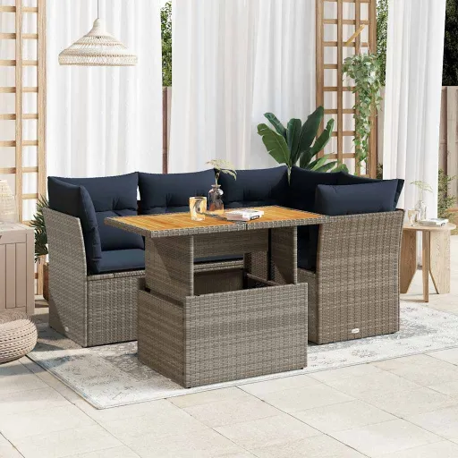 Conjunto Sofás de Jardim c/ Almofadões Vime PE Cinzento (5 pcs)