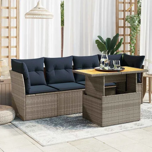 Conjunto Sofás de Jardim c/ Almofadões Vime PE Cinzento (5 pcs)