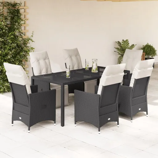 Conjunto de Jantar p/ Jardim c/ Almofadões Vime PE Preto (7 pcs)