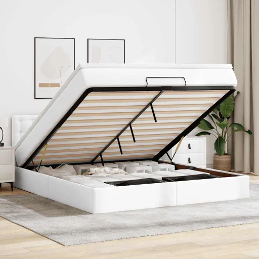 Estrutura de Cama Otomana com Colchão Branco Couro Falso