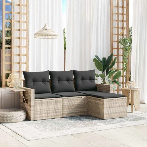 Conj. Sofás Jardim c/ Almofadões Vime PE Cinzento-Claro (4 pcs)