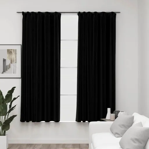 Cortinas Opacas Aspeto Linho com Ganchos   140x175 cm Preto (2 pcs)