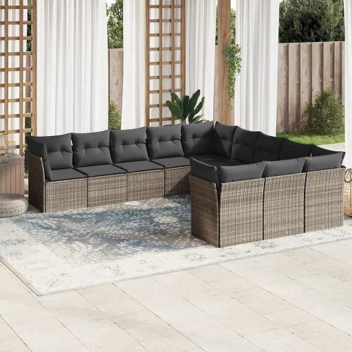 Conjunto Sofás de Jardim c/ Almofadões Vime PE Cinzento (11 pcs)