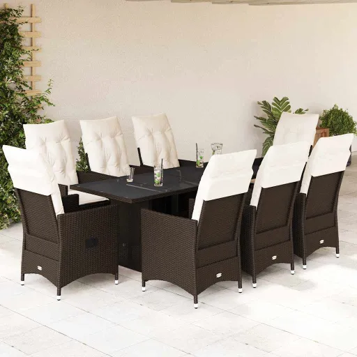 Conjunto Jantar p/ Jardim c/ Almofadões Vime PE Castanho (9 pcs)