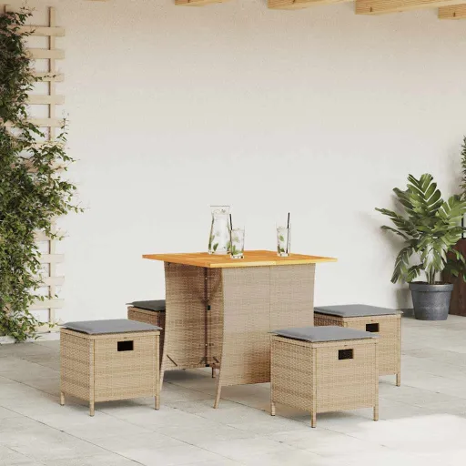 Conjunto de Jantar p/ Jardim com Almofadões Vime PE Bege (5 pcs)