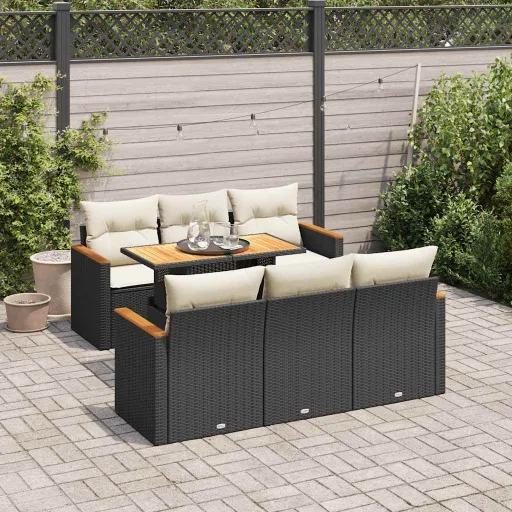 Conjunto Sofás Jardim c/ Almofadões Vime PE/Acácia Preto (7 pcs)