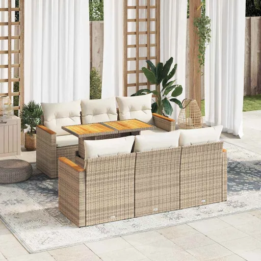 Conjunto Sofás Jardim com Almofadões Vime PE/Acácia Bege (7 pcs)