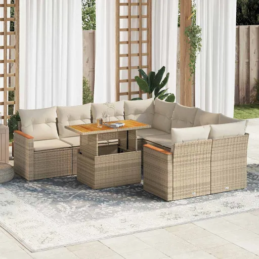 Conjunto Sofás Jardim com Almofadões Vime PE/Acácia Bege (9 pcs)
