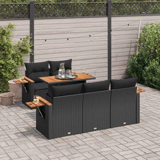 Conjunto Sofás Jardim c/ Almofadões Vime PE/Acácia Preto (6 pcs)
