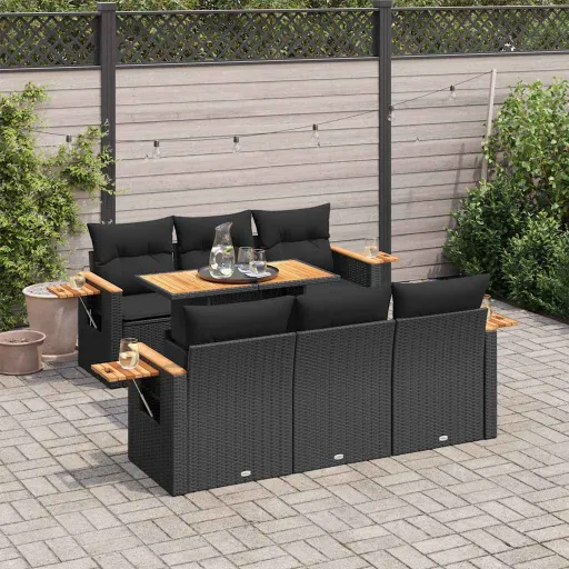 Conjunto Sofás Jardim c/ Almofadões Vime PE/Acácia Preto (7 pcs)