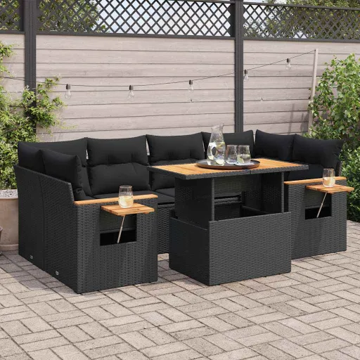 Conjunto Sofás Jardim c/ Almofadões Vime PE/Acácia Preto (7 pcs)