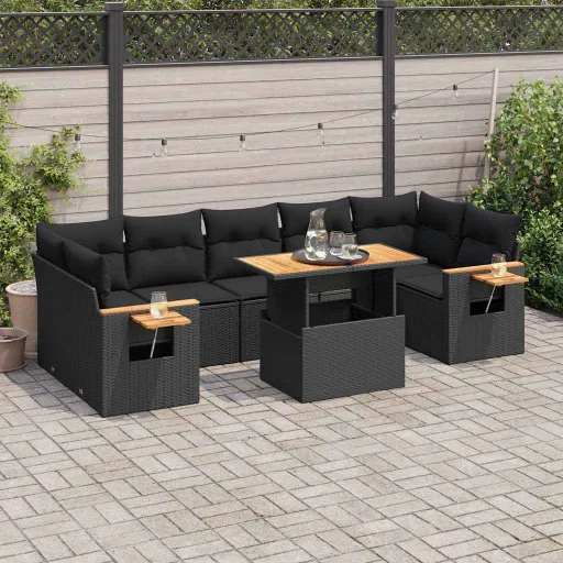 Conjunto Sofás Jardim com Almofadões Vime PE/Acácia Preto (8 pcs)