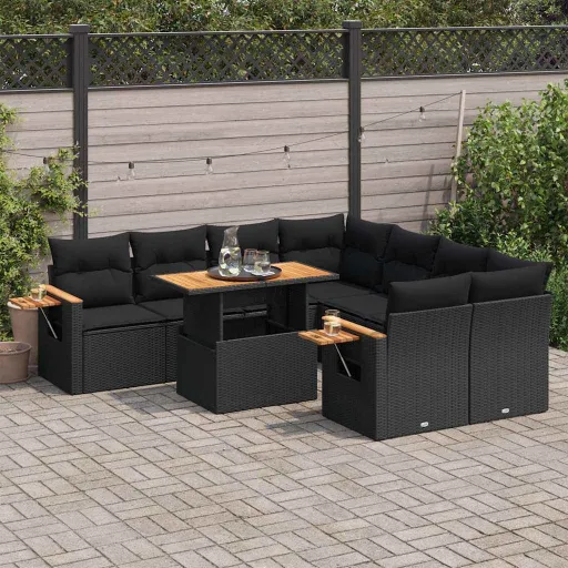 Conjunto Sofás p/ Jardim Almofadões Vime PE/Acácia Preto (9 pcs)