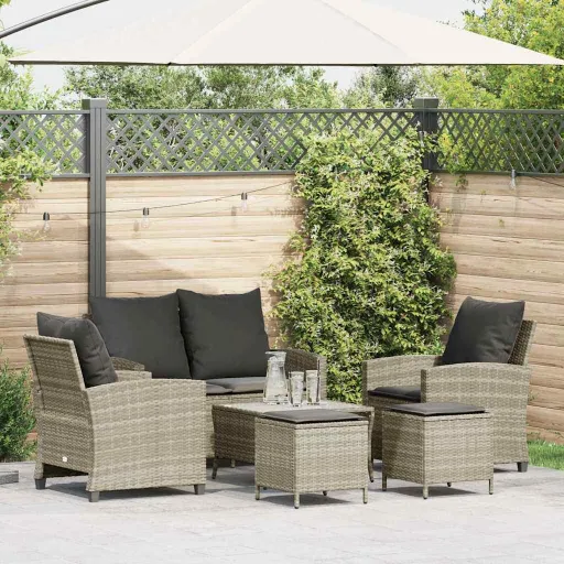 Conj. Sofás Jardim com Almofadões Vime PE Cinzento-Claro (6 pcs)