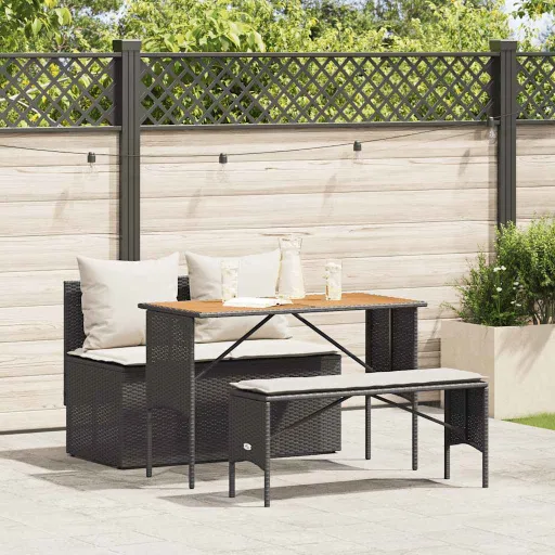 Conjunto de Jantar p/ Jardim c/ Almofadões Vime PE Preto (3 pcs)