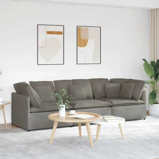 Sofá Modular com Almofadas Tecido Corduroy Cinzento-Claro