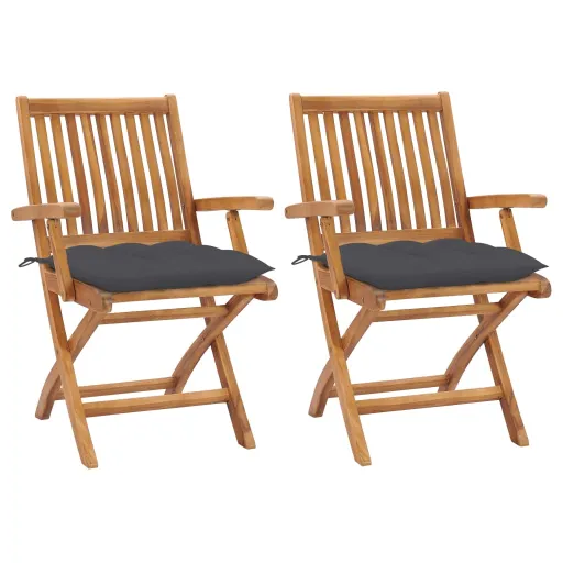 Cadeiras de Jardim c/ Almofadões Antracite   Teca Maciça (2 pcs)