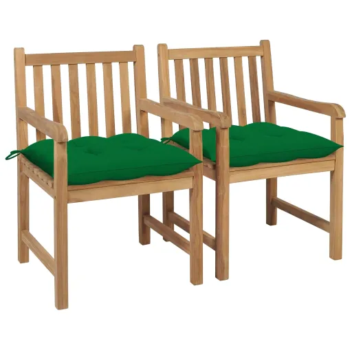 Cadeiras de Jardim c/ Almofadões Verdes   Teca Maciça (2 pcs)