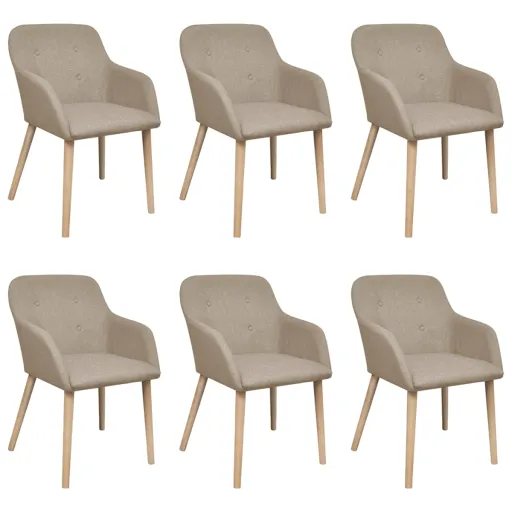 Cadeiras Jantar   Tecido Bege e Madeira de Carvalho Maciça  (6 pcs)