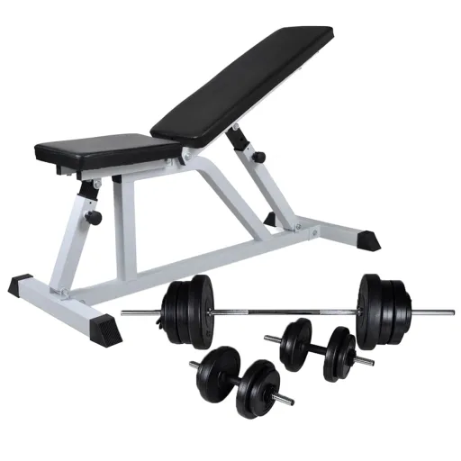 Banco Musculação c/ Conjunto de Barras e Halteres 60,5 kg