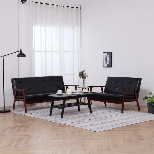 Conjunto de Sofás   Couro Artificial Preto (2 pcs)