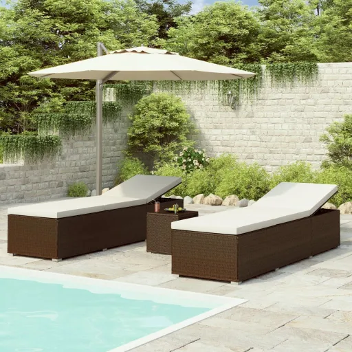 Espreguiçadeiras Jardim c/ Mesa Centro Vime PE Castanho (3 pcs)