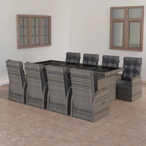 Conjunto Jantar Exterior c/ Almofadões Vime PE Cinzento (9 pcs)