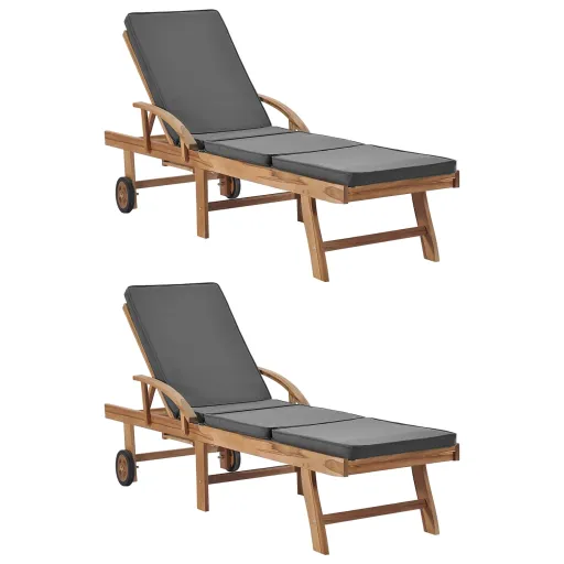 Espreguiçadeiras + Almofadões   Teca Maciça Cinzento-Escuro (2 pcs)