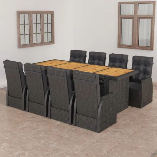 Conjunto Jantar Exterior com Almofadões Vime PE Preto (9 pcs)